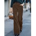 Women Vintage Corduroy High Waist Wide Leg Straight Zipper Pants With Pocket