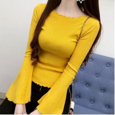 Plus Size Contrast Color One Shoulder Bell Sleeve Knit Sweaters