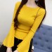 Plus Size Contrast Color One Shoulder Bell Sleeve Knit Sweaters