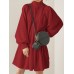 Women Turtleneck Puff Sleeve Smocking Design Solid Knee Length Midi Dresses