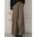 Women Pure Color Side Button Elastic Waist Casual Wide Leg Pants With Pocket