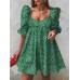 Women Puff Sleeve Thigh Pleating Puff Sleeve Length Floral Midi Dresses