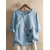 Flower Butterfly Print Round Neck Long Sleeve Button T  shirts For Women