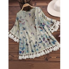 L  5XL Butterfly Print Tassel Kimonos Bohemian Beach Cardigan