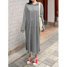 Women Puff Sleeve Sweatshirt Calf Length Front Pocket Side Fork Midi Dress